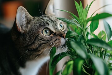 A cat is sniffing a plant. The plant is green and has leaves