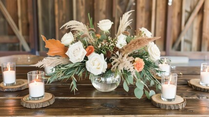 Canvas Print - A rustic autumn wedding centerpiece with clear glass vases