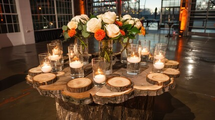 Canvas Print - A rustic autumn wedding centerpiece with clear glass vases