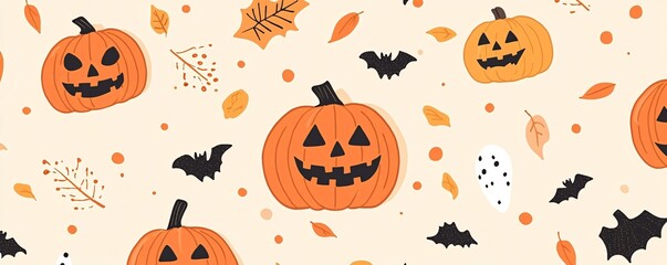 Wall Mural - Autumn leaves and halloween pumpkins in a seamless pattern on a light background