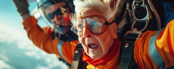 Wall Mural - An elderly woman with a look of excitement and fear mid-skydive, accompanied by her instructor.