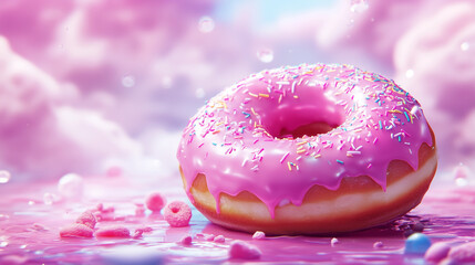 Big Pink Bright Matte Sweet donut with multi-colored sprinkles.
Delicious glazed donuts on a colorful fantasy background. AI generation