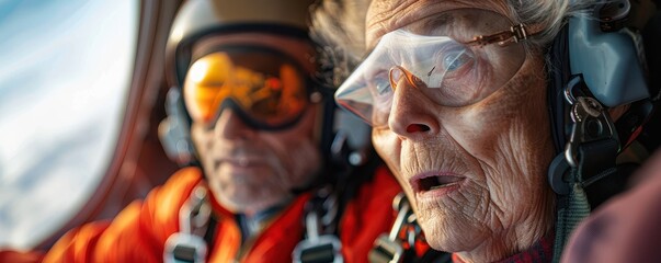 Wall Mural - An elderly woman with a look of excitement and fear mid-skydive, accompanied by her instructor.