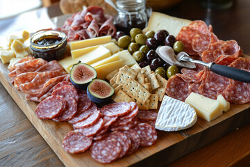 Wall Mural - An assortment of cured meats, cheeses, olives, and crackers arranged beautifully on a wooden platter, accompanied by honey and fig jam