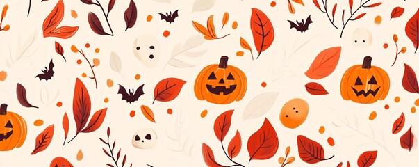 Wall Mural - Adorable pumpkin, ghost, and bat seamless pattern for halloween party decor, web banner, and greeting card