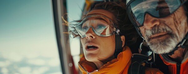 Wall Mural - An elderly woman with a look of excitement and fear mid-skydive, accompanied by her instructor.