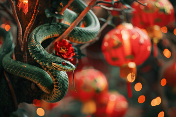 Background with New Year decoration and snake in Santa Claus hat, symbol of 2025. 