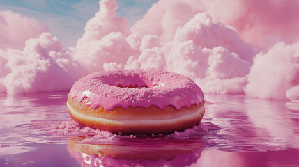 Wall Mural - Big Pink Bright Matte Sweet donut with multi-colored sprinkles.
Delicious glazed donuts on a colorful fantasy background. AI generation