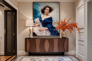 Elegant Entrance Decor with Impressionistic Portrait of a Woman in Flowing Fabric