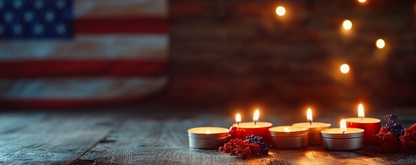 Romantic ambiance created by burning candles on a rustic wooden table with an american flag backdrop