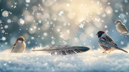 Poster -   A flock of birds perched on a snowy landscape, alongside a feather and a snowflake