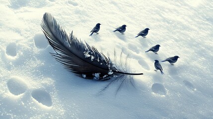 Poster -   A flock of birds perched atop a snow-covered mound, with a feather resting atop it