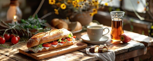 Wall Mural - Cozy breakfast setup with a fresh sandwich, steaming coffee, and warm lighting on a rustic wooden table.