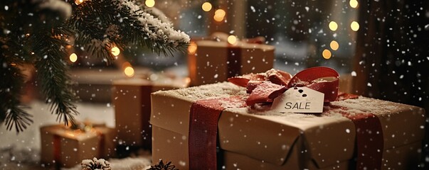 Christmas presents under a tree with snowfall and a sale tag on a gift box