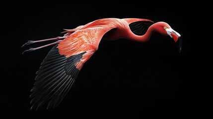 Poster -   A flamingo flies through the sky with its wings spread wide and its head angled sideways