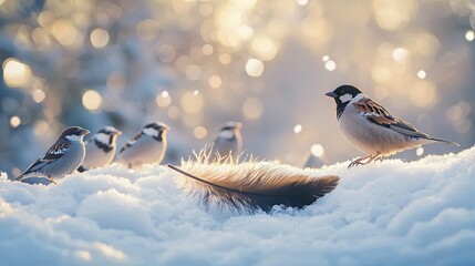 Poster -   A flock of avians perched atop a mound of snow adjacent to a single feather also resting atop the same snow pile