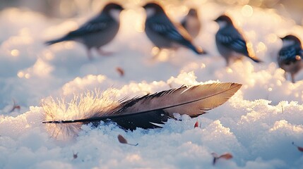 Poster -   A flock of birds perched atop a snow mound alongside a single feather resting atop another snow mound