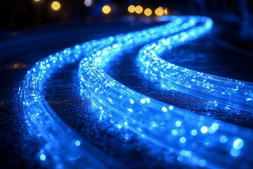 A close-up of glowing blue fiber optic cables curving across a dark surface.