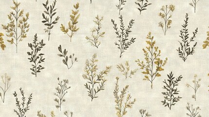 Wall Mural -   A zoomed-in photo of a plant pattern on a white backdrop with golden and green foliage