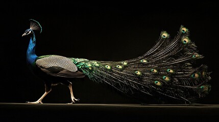 Sticker -   A peacock struts on a dark background, displaying its colorful tail feathers and tilting its head to the side