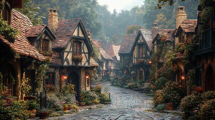 Poster -   A cobblestone path leading up to a row of houses