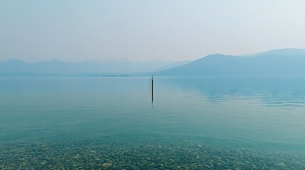 Sticker -   A lake with a pier jutting into the center and distant mountain ranges in the background