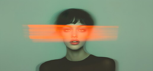 Abstract portrait of a girl with an orange crossed out line on her face, a red ribbon on her face on top of the photo. On a gray-turquoise background, in motion, double exposure