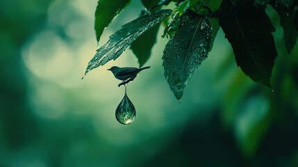 Wall Mural - a bird perched on a tree branch with water droplet on its beak against a green backdrop
