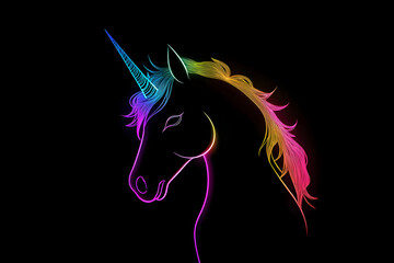 Wall Mural - Rainbow neon silhouette of a magical unicorn isolated on black background.