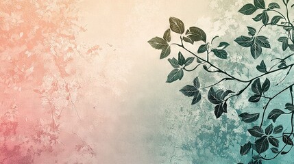 Canvas Print -   A tree branch with green leaves on a pink and blue background, against a pink and blue sky