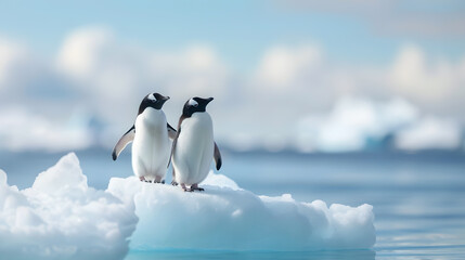 Poster - Antarctic Penguins on Iceberg with Ice Floes | Majestic Wildlife Scene in Frozen Landscape