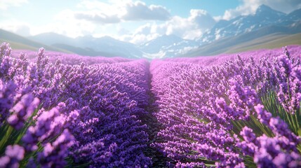 Poster -   A field full of purple flowers, set against a blue sky with majestic mountains in the background and fluffy clouds overhead