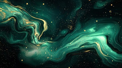 Wall Mural -   A painting of vibrant green and golden swirls against a dark backdrop, adorned with glistening gold stars at its center