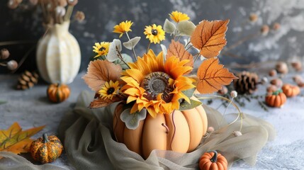 This mini pumpkin floral arrangement includes sunflowers