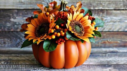 Canvas Print - This mini pumpkin floral arrangement includes sunflowers