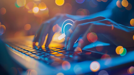 Wall Mural - a close-up of hands typing on a laptop keyboard. In the foreground, there’s an illustrated search bar with a magnifying glass icon