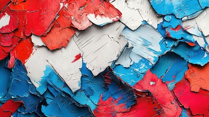 Sticker -   A close-up of a multicolored painting, featuring red, white, blue hues with visible paint splatters