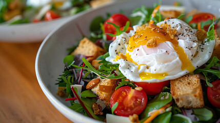 Canvas Print - a close-up of a delicious salad dish. It features mixed greens, cherry tomatoes, croutons, and a poached egg on top, with the yolk slightly running