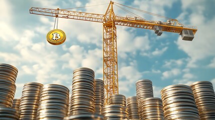 Construction Crane Lifting a Bitcoin Coin Over a Pile of Coins