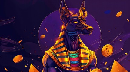 anubis, the egyptian god of the dead, is depicted in a modern, stylized design with gold accents. he