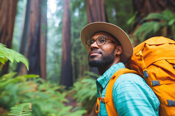 Black hiker with glasses and an orange backpack looks up, appreciating the beauty of towering redwoods in a vibrant forest