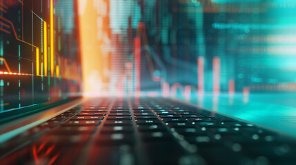 The image shows a laptop keyboard with a screen in the background, overlaid with a digital graph chart indicating growth from 2021 to 2025