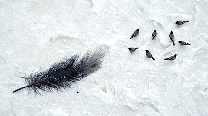 Wall Mural -   A flock of birds perched atop a snowy landscape, with a raven's feather resting on a nearby snow mound