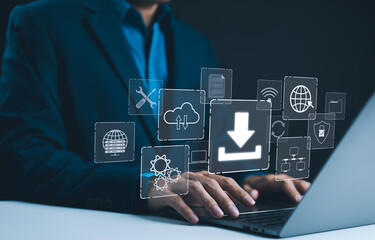 Wall Mural - digital download and data storage technology. businessman using laptop with digital icons represent 