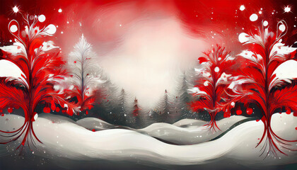 Wall Mural - Red and white Christmas tree frame with Christmas motifs, Christmas landscape