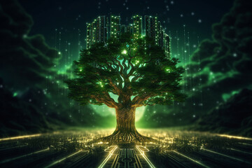 Abstract digital polygonal cloud tree on blue background. Computer, data and security concept. 3D Rendering