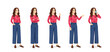 © Volha Hlinskaya - Young beautiful woman with curly hair standing half turn view different poses set. Standing, showing, pointing, talking on the phone, thumb up isolated vector illustration.