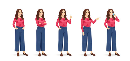 young beautiful woman with curly hair standing half turn view different poses set. standing, showing