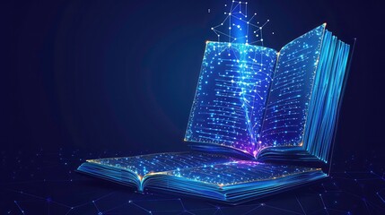 Wall Mural - a glowing open book with intricate patterns of light, floating on a dark background with a network o