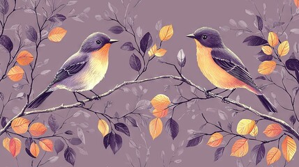 Wall Mural -   Two birds perched on an orange-leafed branch against a purple backdrop